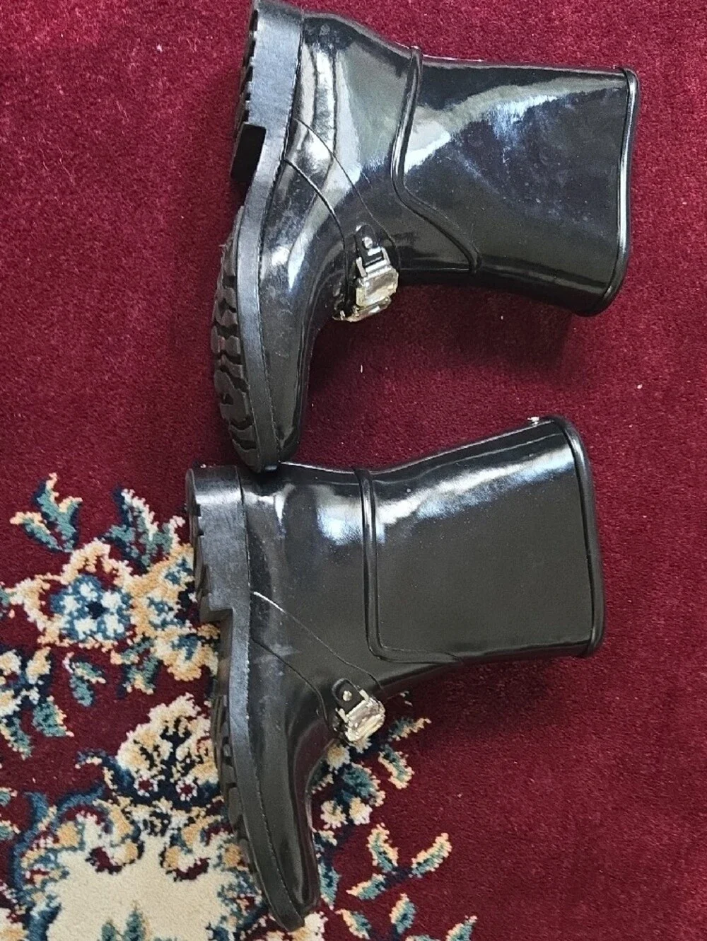 Michael Kors Black Patent Rain Boots with Clear Gem Accents